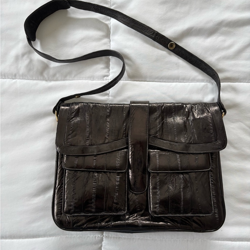 Vintage Genuine Eel Skin Leather Shoulder Bag Black Structured Satchel 90s